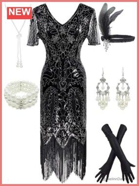 1920s Gatsby Sequin Flapper Fringe Dress 20s Accessories Set Plus Size Costume